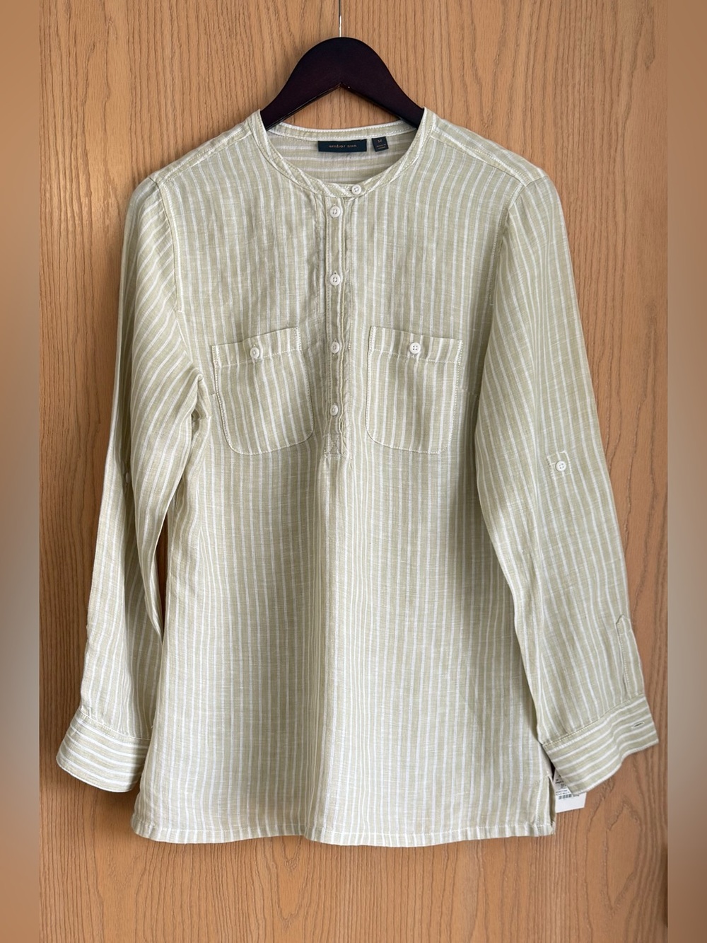 Amber Sun | SZ Medium | Green White Stripe Linen Tunic Top Blouse |NWT Nordstrom